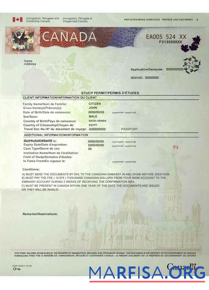 Printable Canada study permit sample
